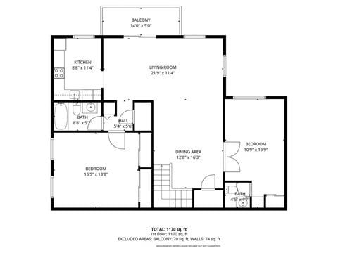 Floor plan for 2 beds, 0.5 baths, 1165 sqft
